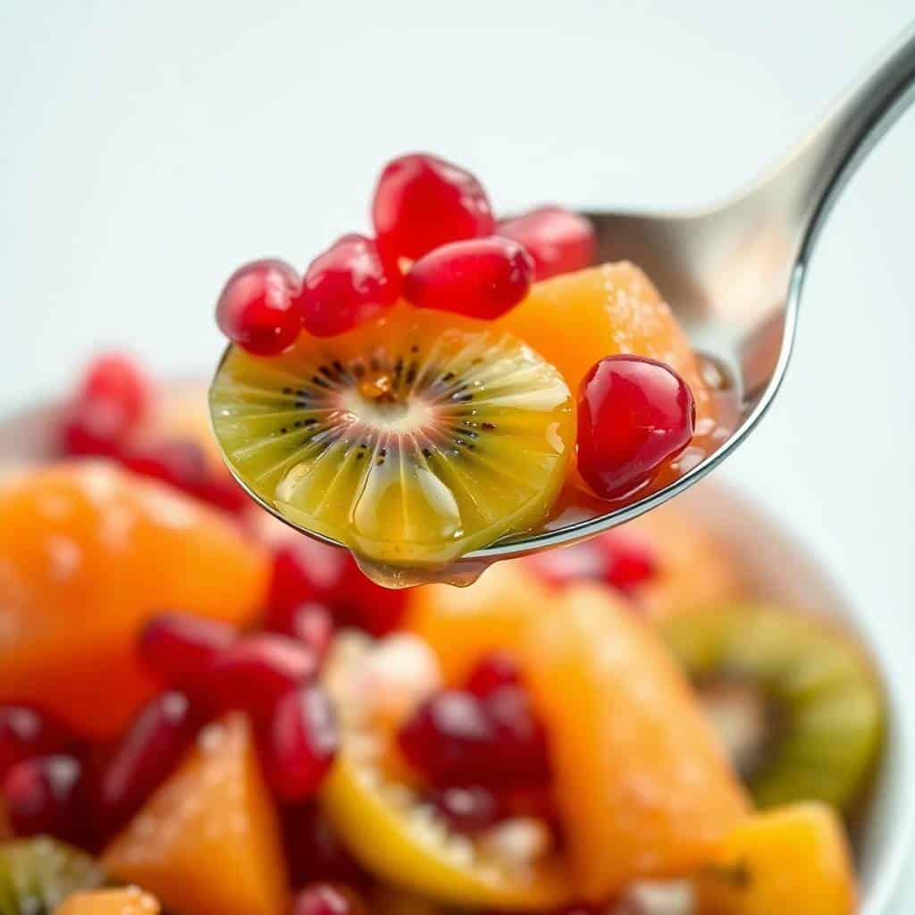 Spoon holding winter fruit salad with kiwi slice, red currants, and orange pieces against blurred background.