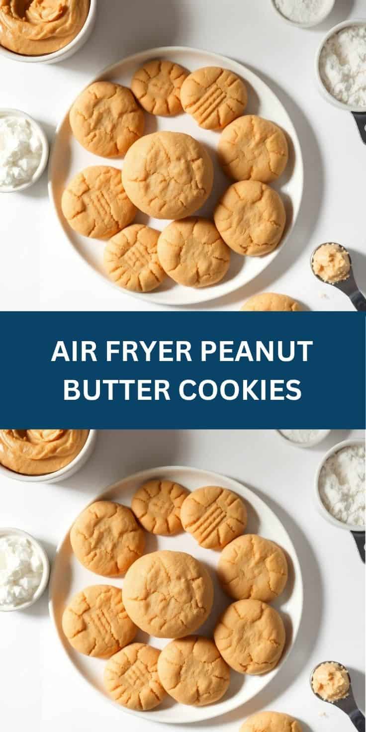 Air fryer peanut butter cookies arranged on white plate with crosshatch pattern and ingredients nearby.