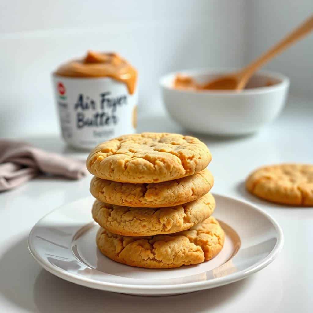 Stack of four golden peanut butter cookies on white plate with air fryer peanut butter jar and bowl nearby.