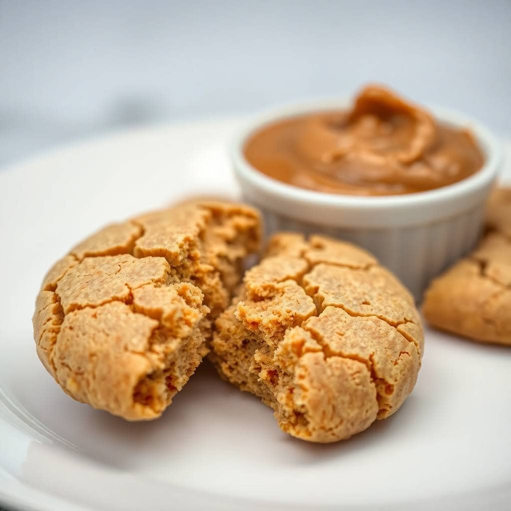 Cracked peanut butter cookies on white plate with peanut butter dip in background bowl.