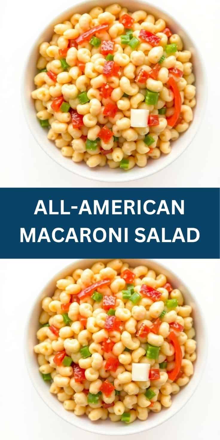 All-American macaroni salad in white bowls topped with red peppers, green onions, and cheese cubes.