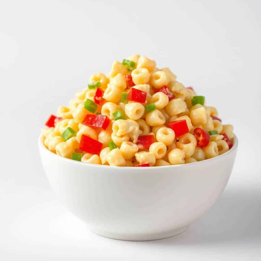 Colorful macaroni salad with elbow pasta, red bell peppers, green peas, and diced vegetables in a white bowl.