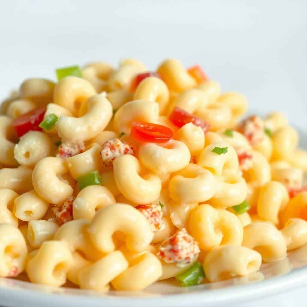 Elbow macaroni salad with diced red peppers, green onions, and red seasoning on white plate.