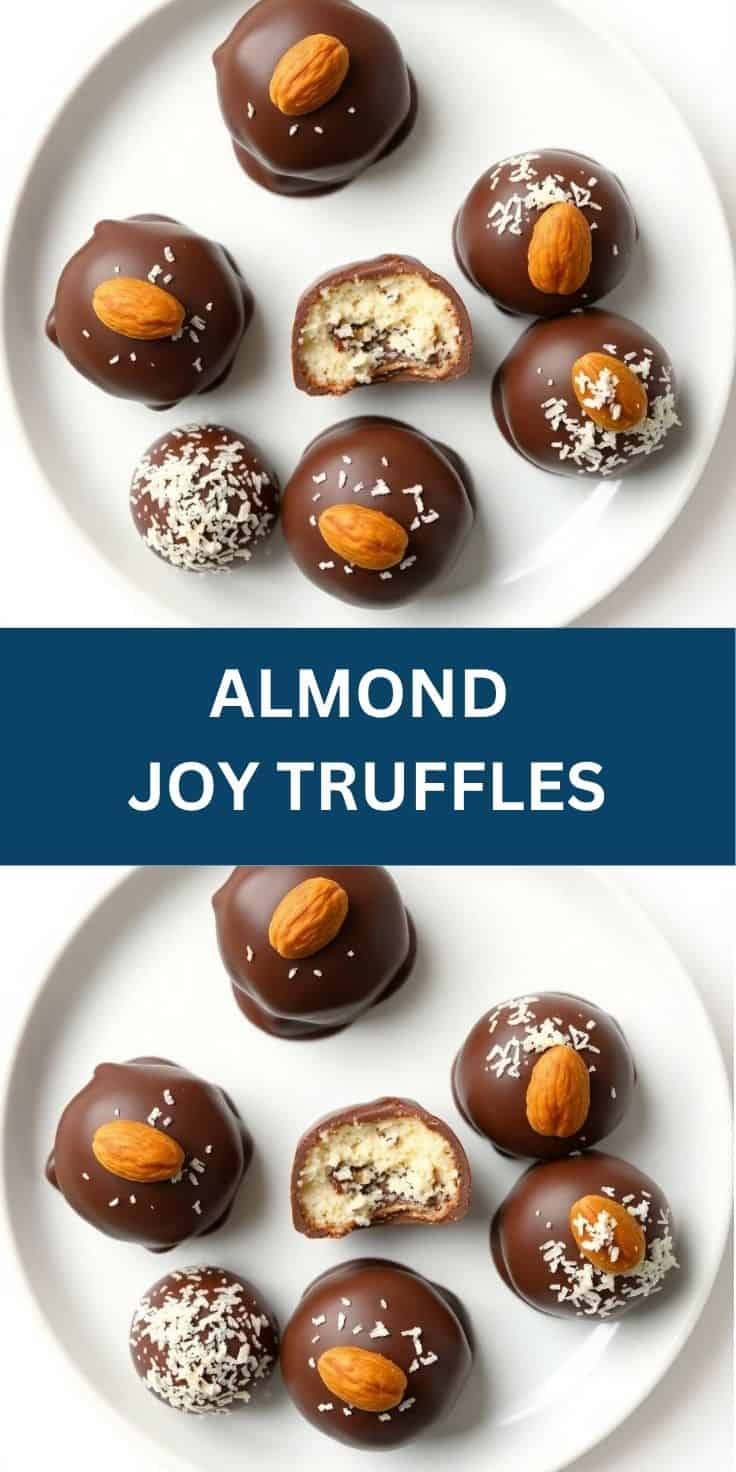 Almond Joy truffles arranged on white plate with chocolate coating, almonds, and coconut garnish.
