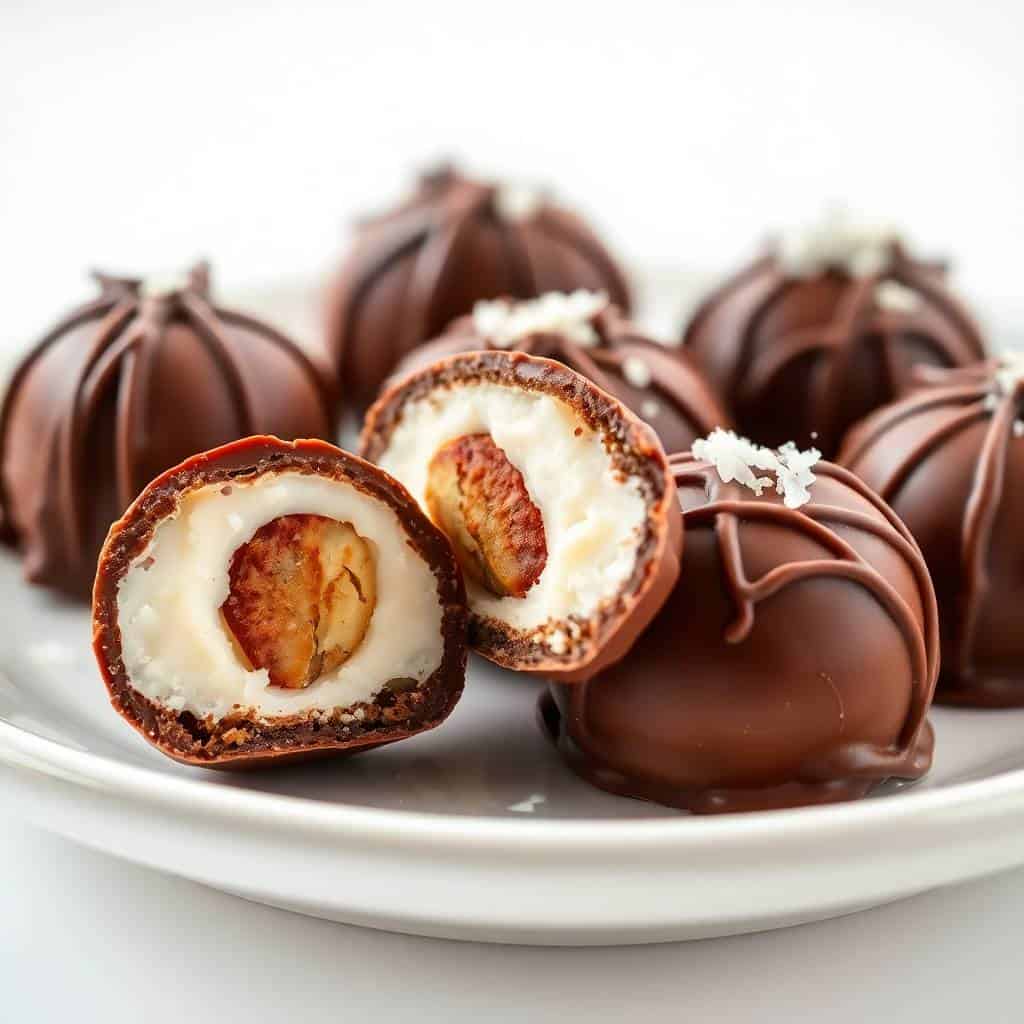 Almond Joy truffles cut in half on white plate, showing chocolate shell, coconut filling, and almond center.