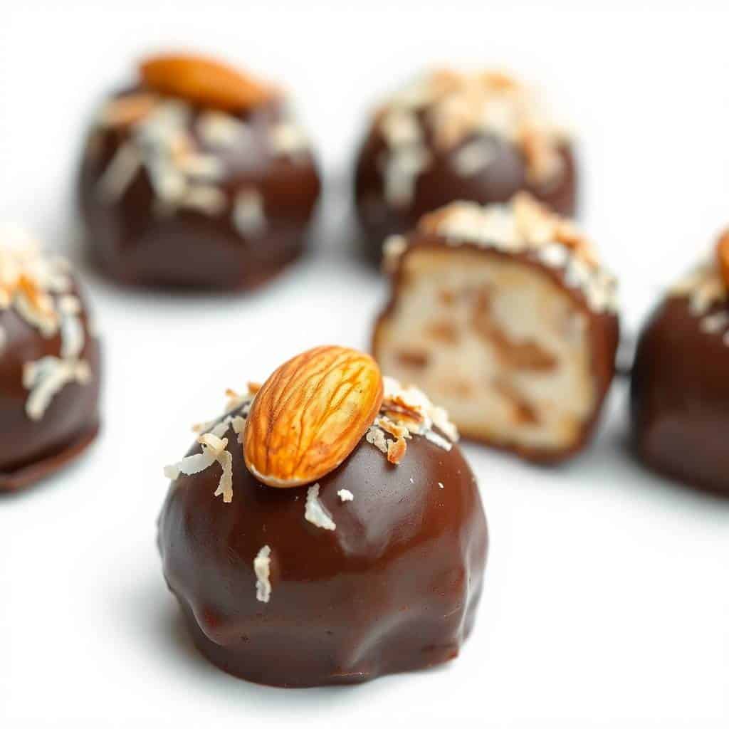 Almond Joy truffles with dark chocolate coating, topped with toasted almonds and coconut flakes on white surface.