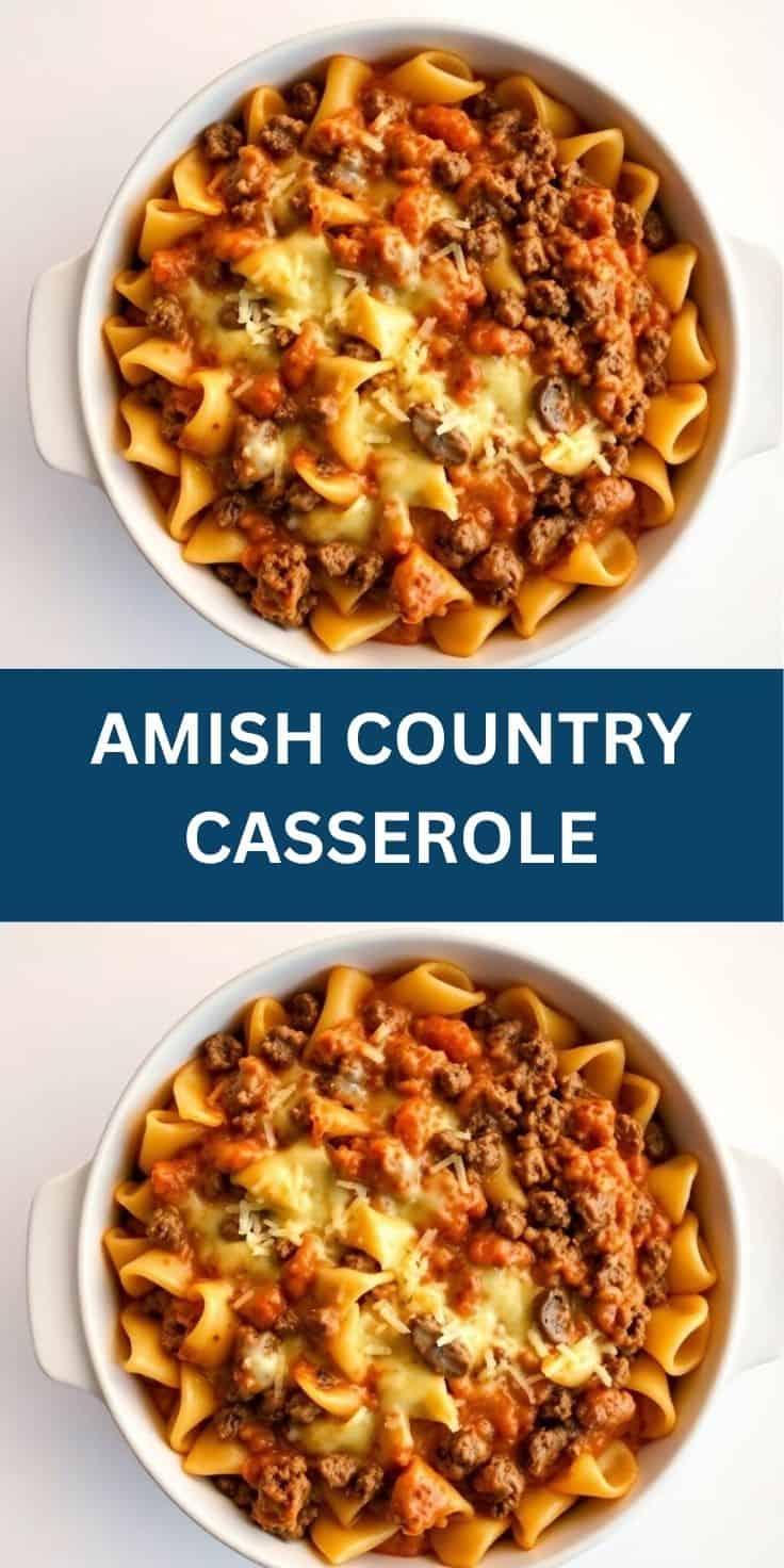 Amish Country Casserole with ground beef, egg noodles, tomato sauce, and melted cheese in white bowls.