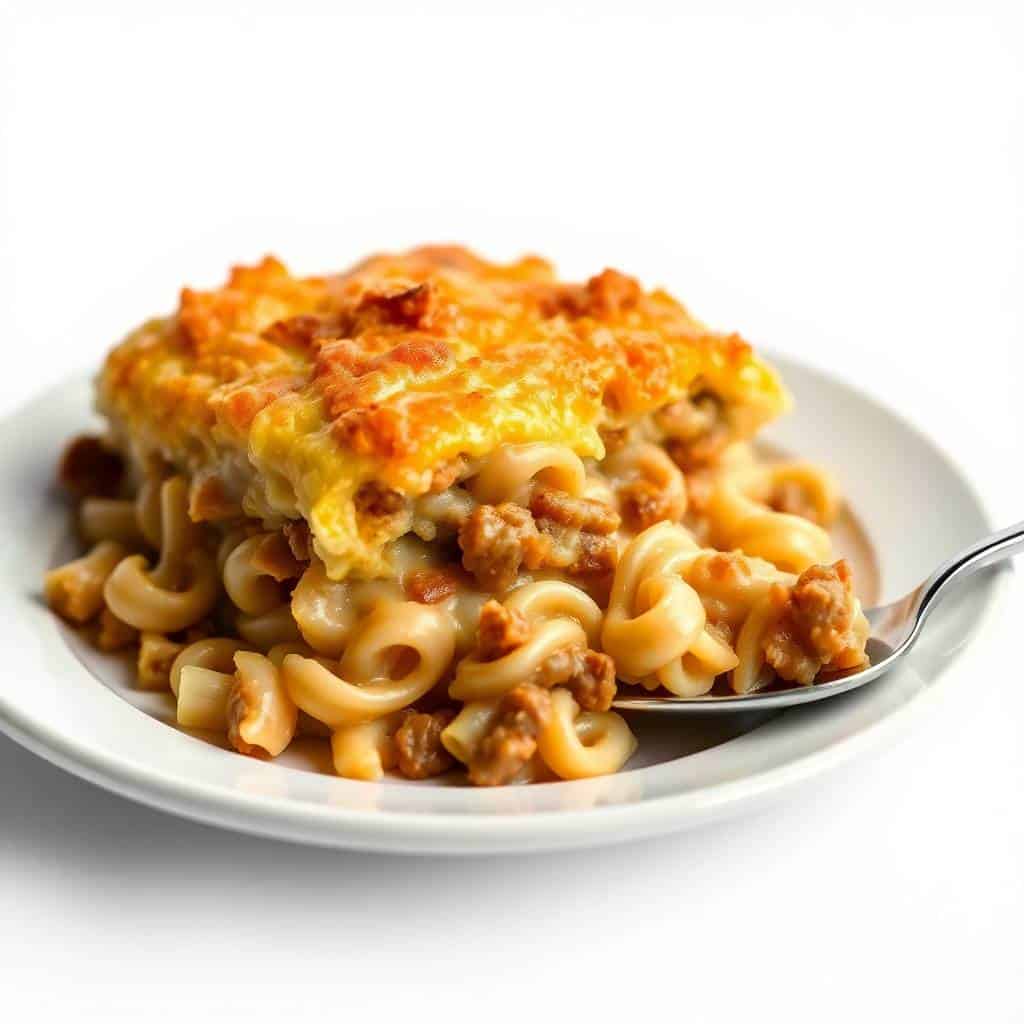 Amish Country Casserole with ground beef, elbow pasta, and melted cheese topping on white plate.