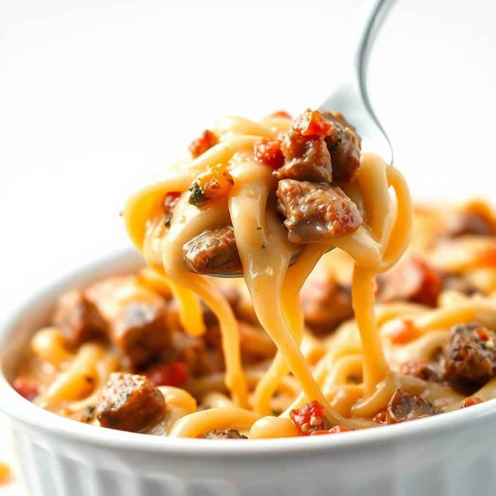 Fork lifting creamy pasta with ground beef and red peppers from white bowl of Amish Country Casserole.