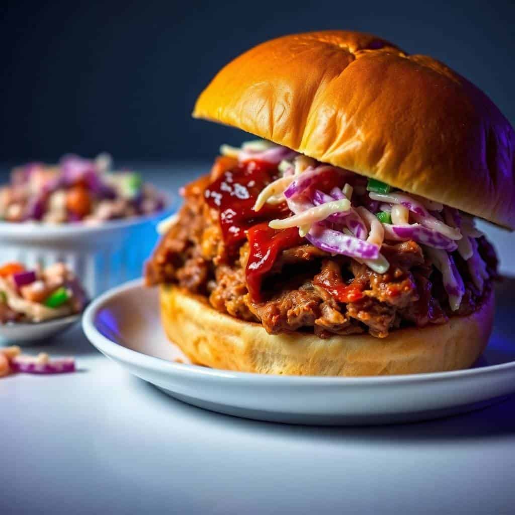 Pulled pork sandwich on golden bun with coleslaw, red sauce, and purple cabbage on white plate.
