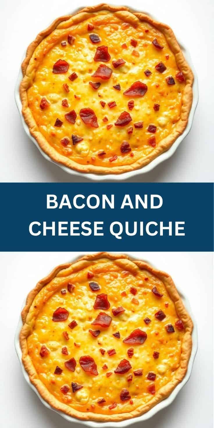 Golden bacon and cheese quiche in pastry crust, garnished with crispy bacon bits on white plate.