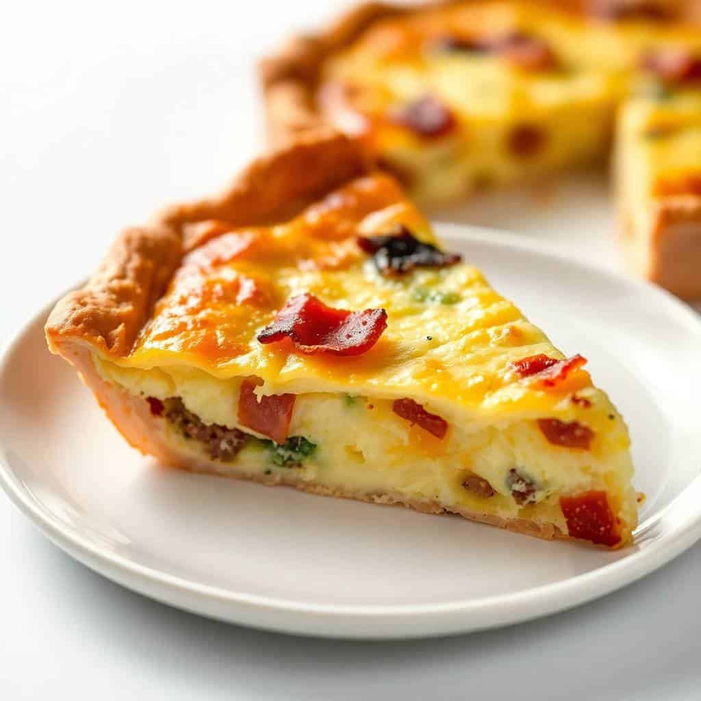 Slice of bacon and cheese quiche with golden custard filling on white plate.