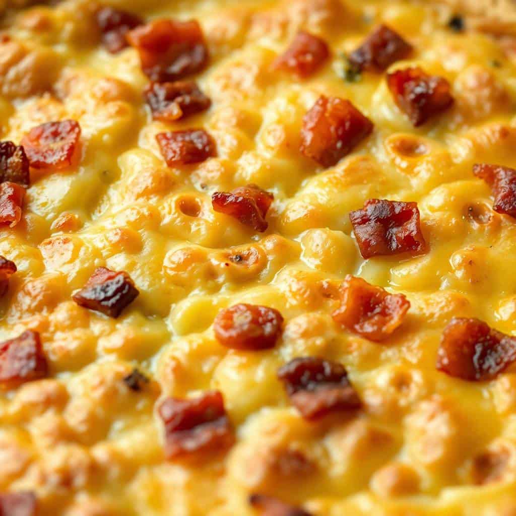 Baked bacon and cheese quiche with golden crust and crispy bacon pieces throughout.