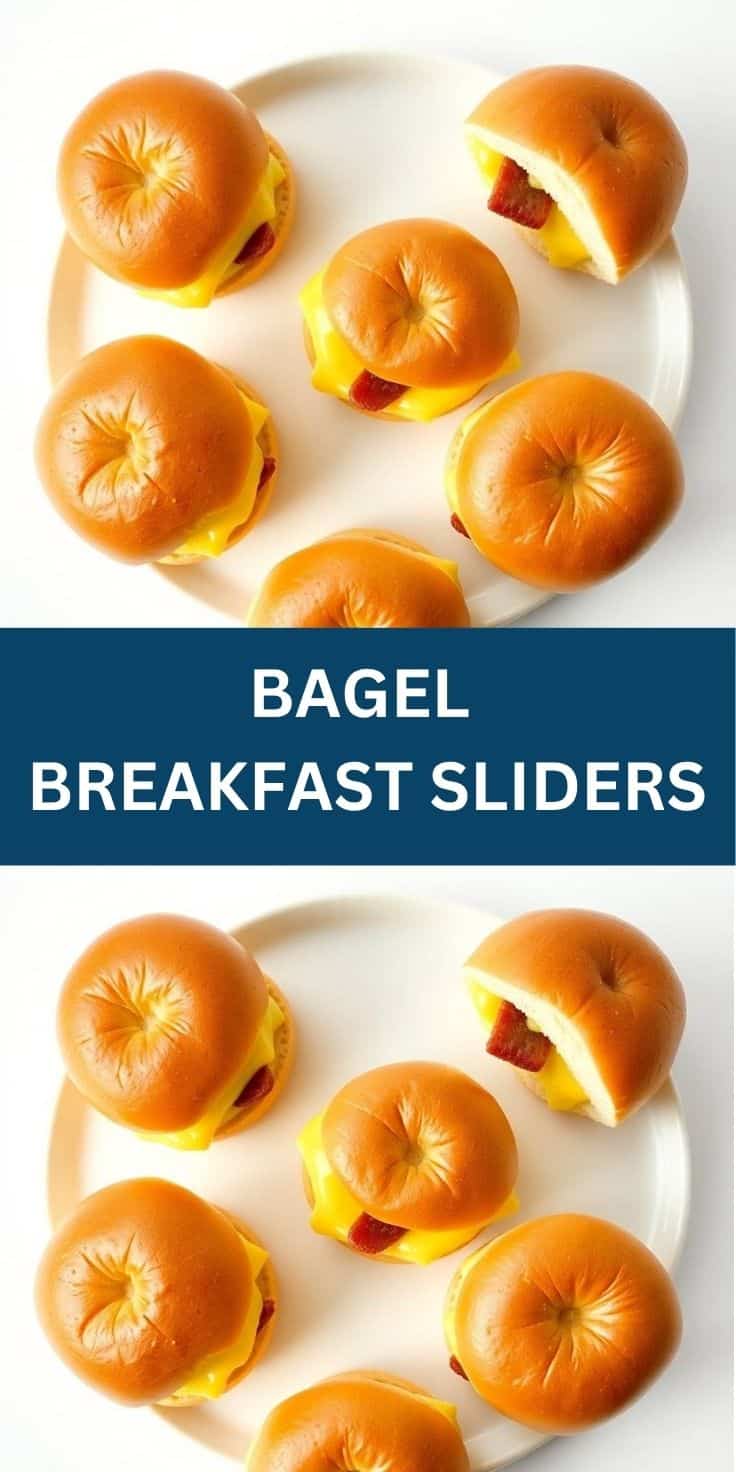 Six bagel breakfast sliders with scrambled eggs and red peppers arranged on white plate.