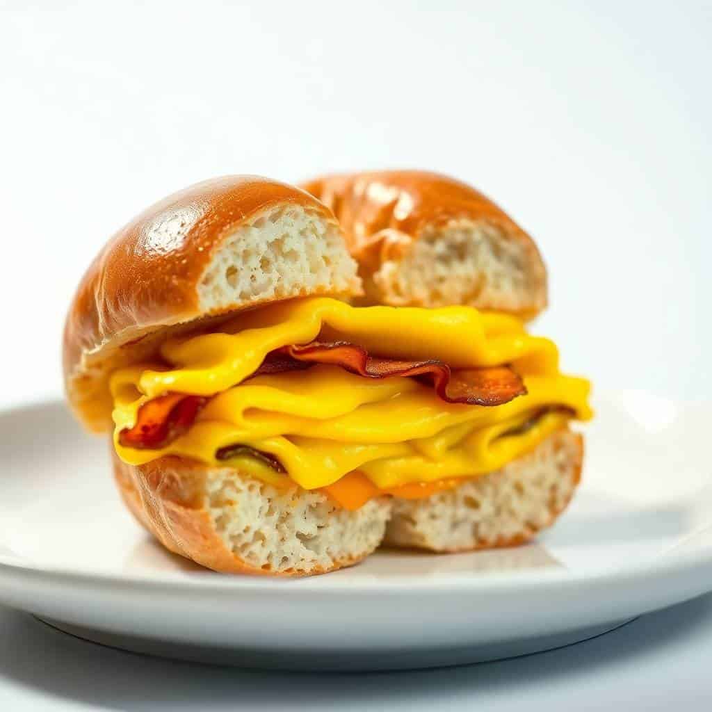 Bagel breakfast slider with melted cheese, bacon, and egg on white plate against light background.