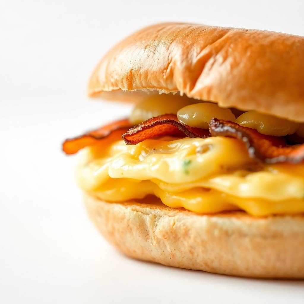 Toasted bagel breakfast slider with melted cheese, bacon, and green onions on white background.