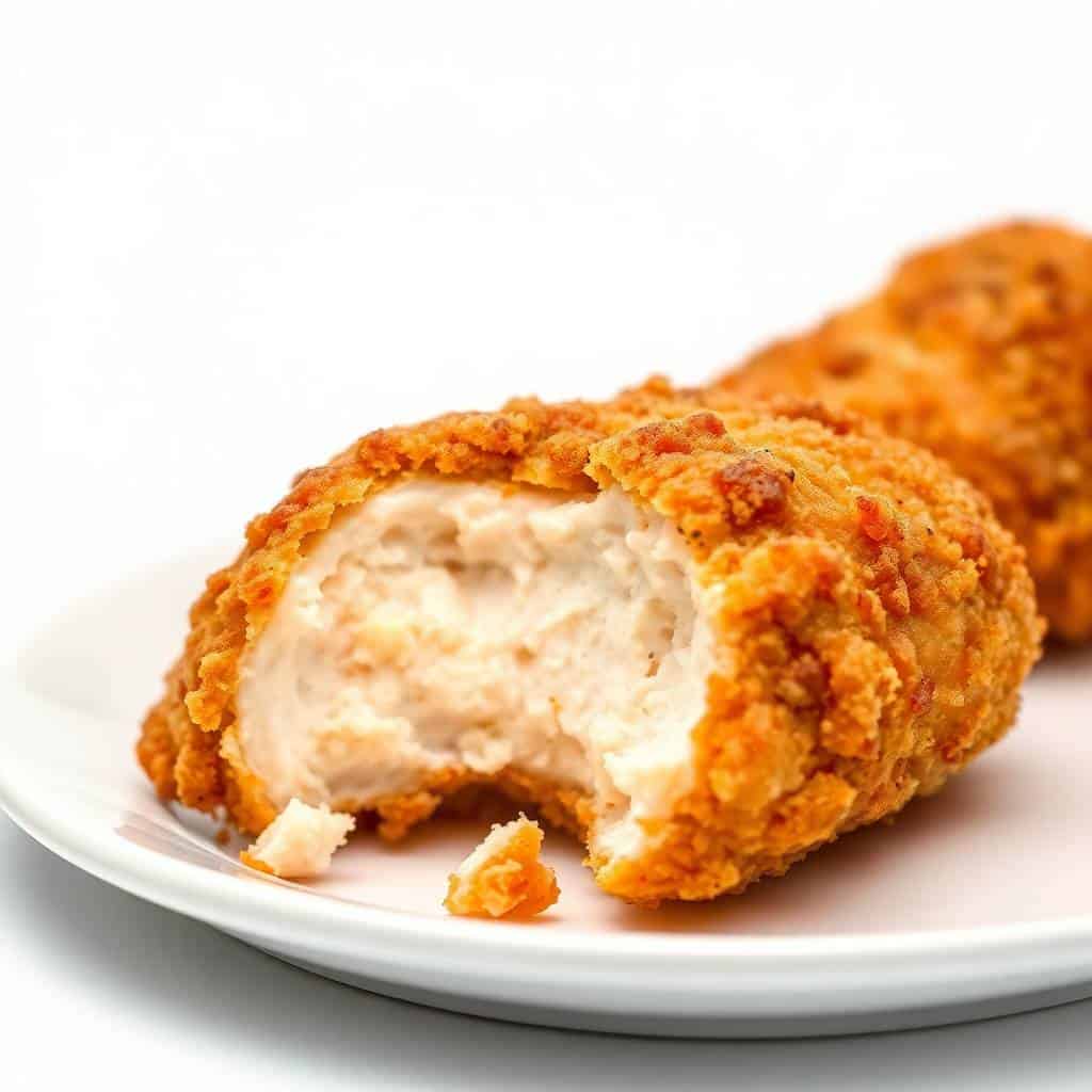 Golden-brown baked fried chicken breast cut in half, revealing white meat interior, served on white plate.