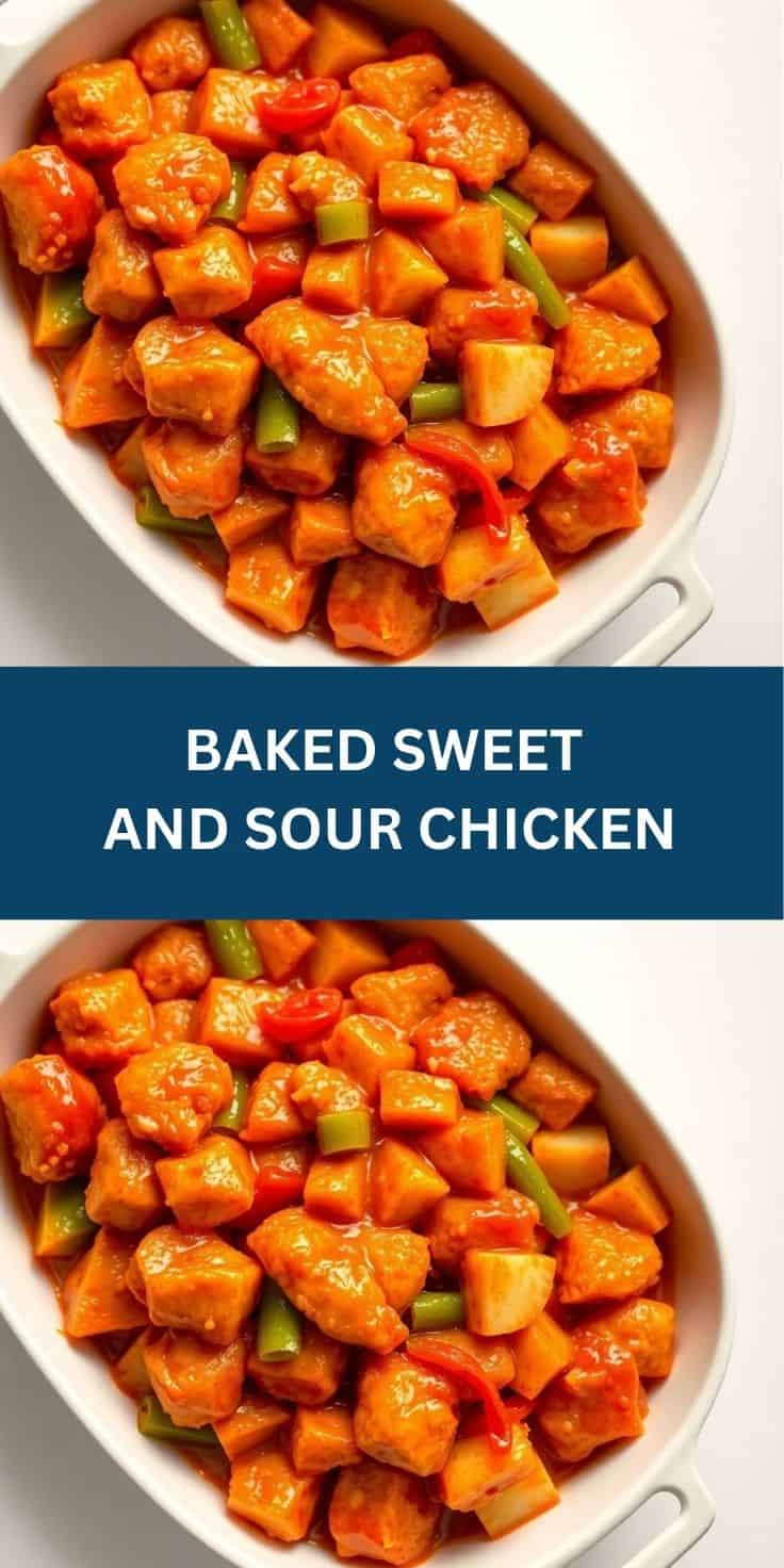 Baked sweet and sour chicken with bell peppers and green onions in white dish, glossy orange sauce coating.