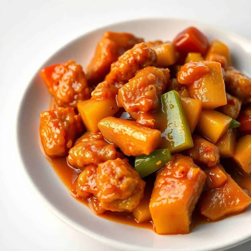 Baked sweet and sour chicken with glazed chunks and green onion garnish on white plate.