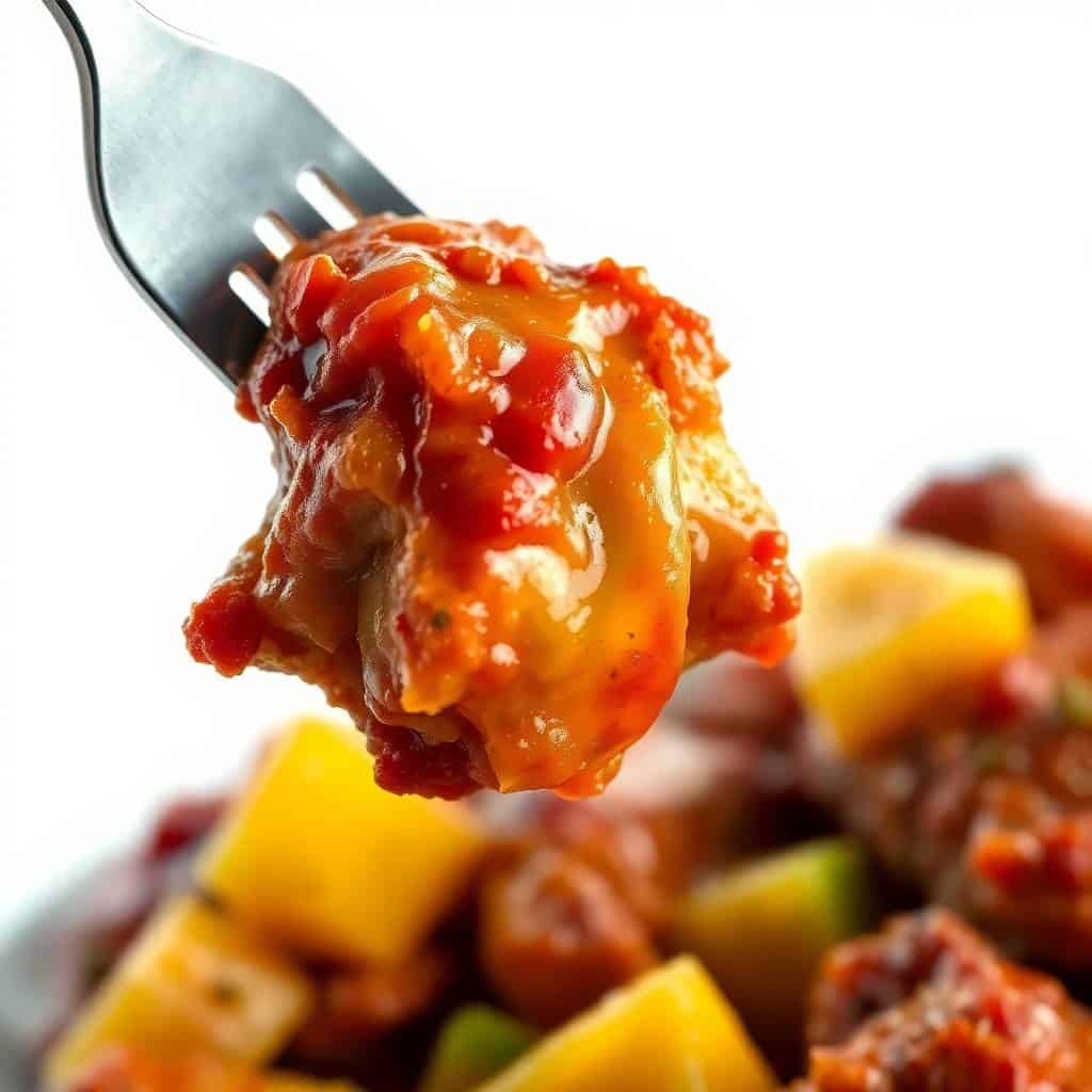 Fork lifting glazed sweet and sour chicken with peppers and vegetables from plate.