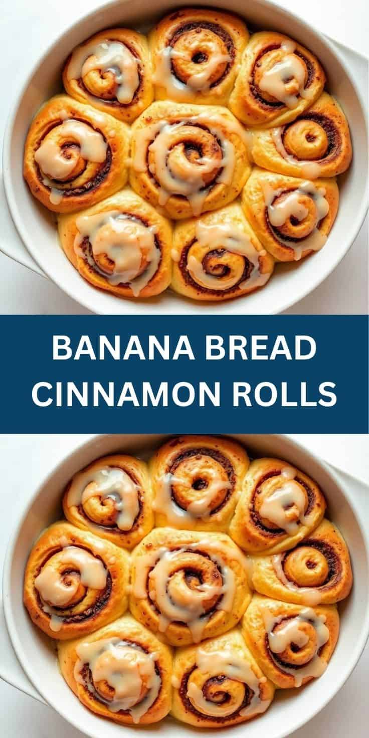 Banana bread cinnamon rolls with cream cheese glaze arranged in white baking dish, golden-brown spiral pastries.