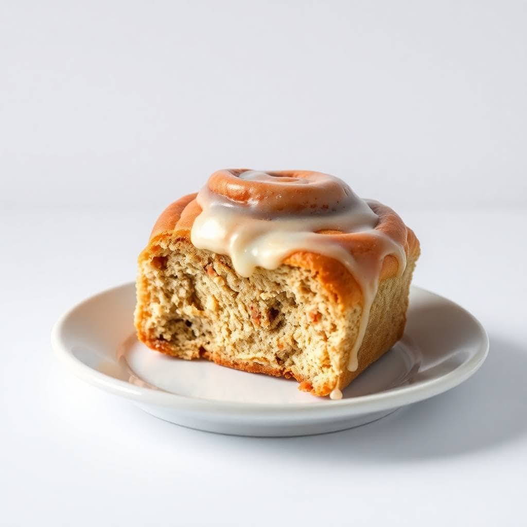 Banana bread cinnamon roll with cream cheese frosting on white plate, cross-section showing spiced interior.