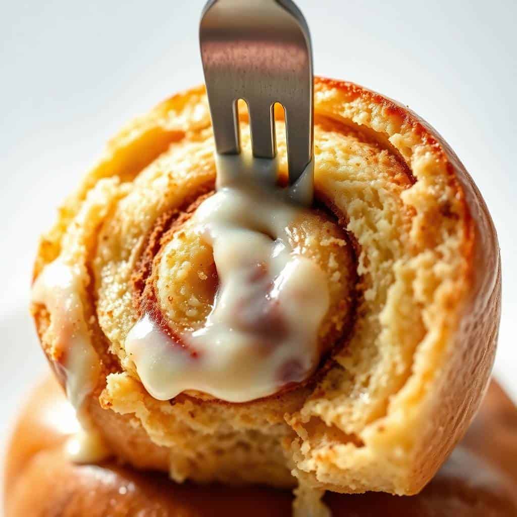 Fork piercing a banana bread cinnamon roll with cream cheese frosting drip and golden-brown baked exterior.