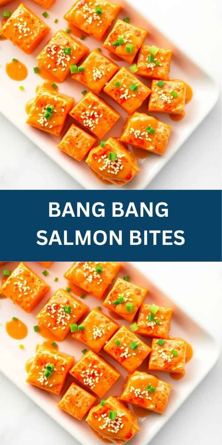 Bang Bang Salmon Bites glazed with orange sauce, sesame seeds, and green onions on white plate.