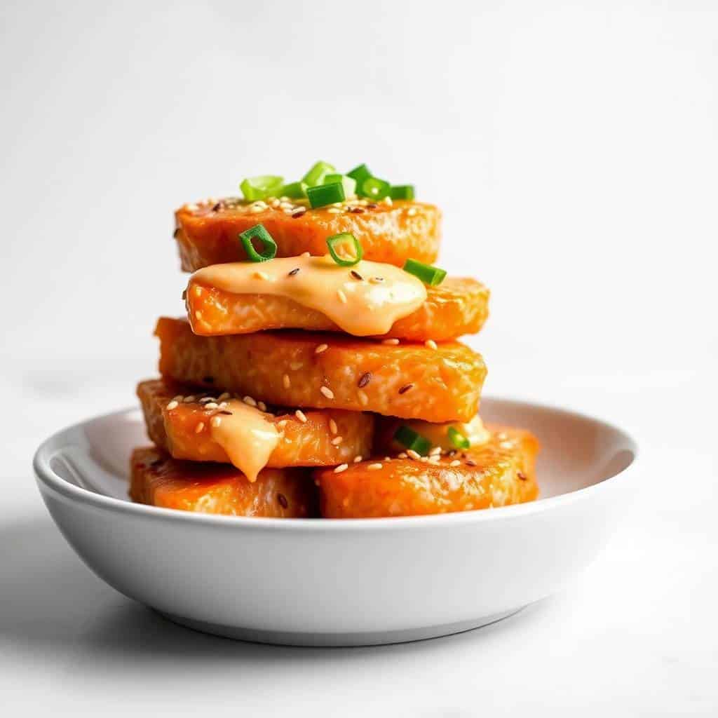 Stacked bang bang salmon bites with mayo and sesame seeds garnished with green onions in white bowl.