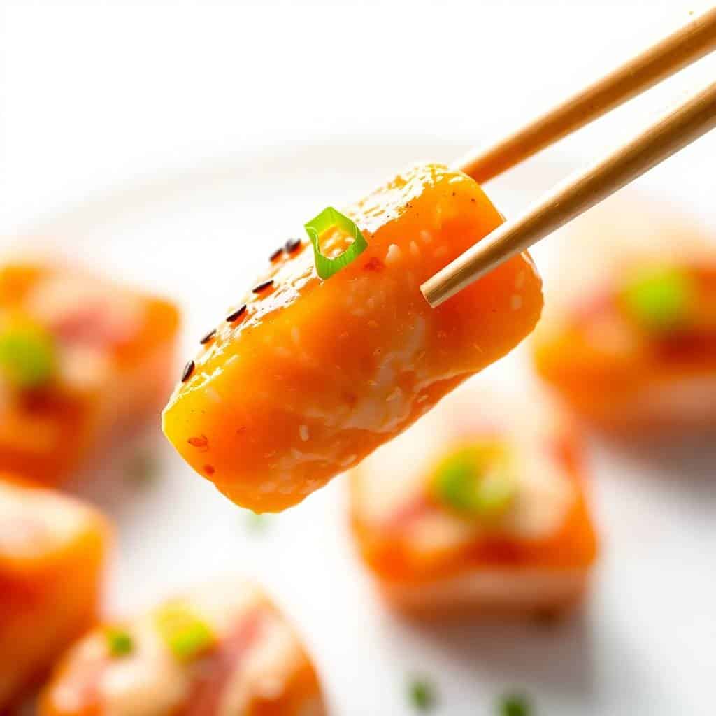 Bang Bang Salmon Bite held by chopsticks, garnished with green onion and sesame seeds.