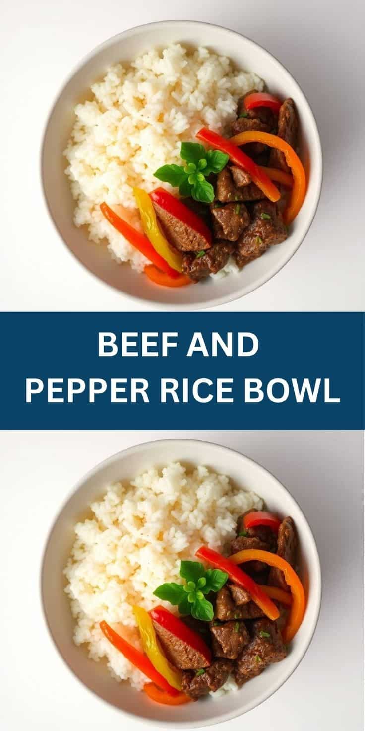 Beef and pepper rice bowl with sliced beef, colorful peppers, white rice, and fresh basil garnish in white bowls.