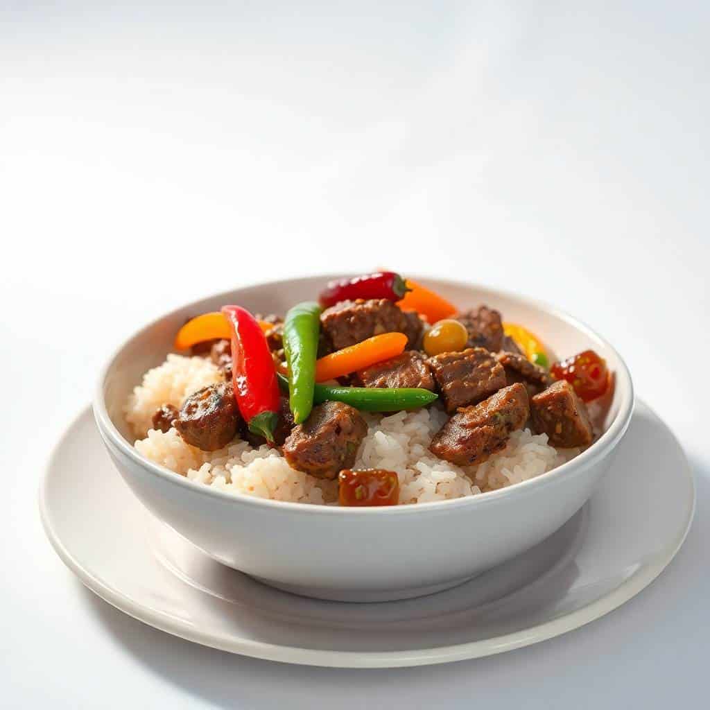 Beef and pepper rice bowl served in white ceramic bowl with colorful red, orange, and green peppers.