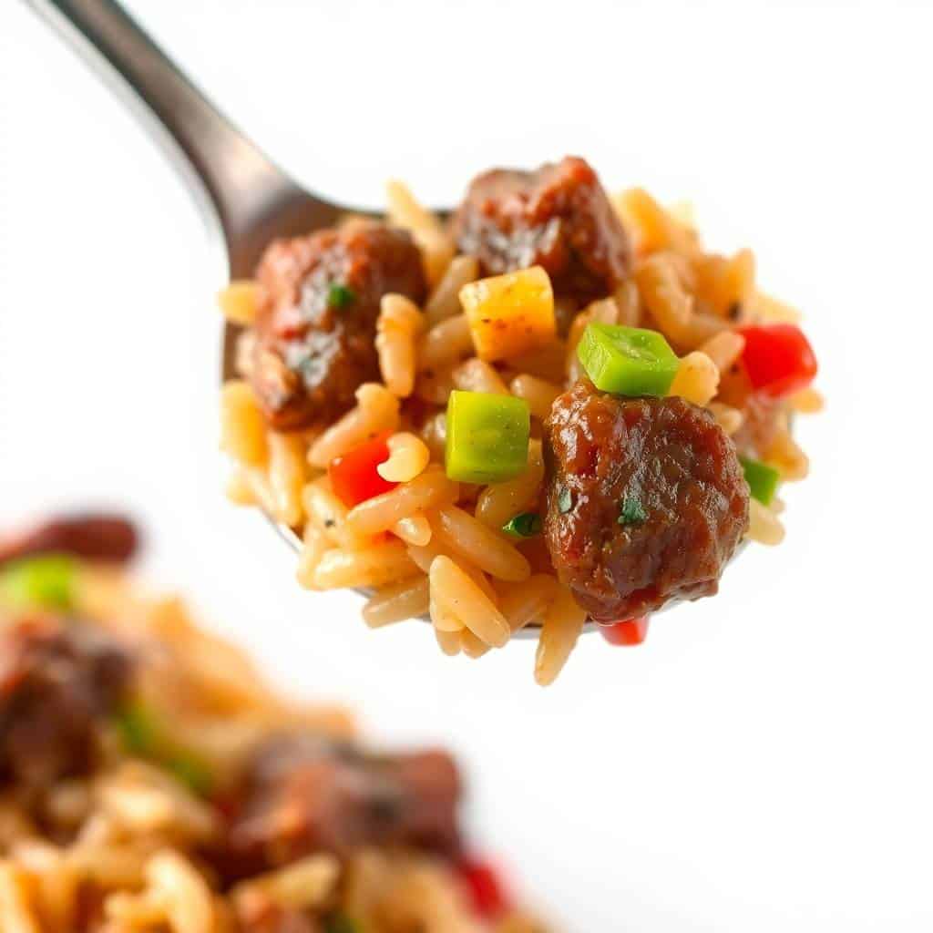 Spoon holding beef and pepper rice bowl with tender meat, rice, red peppers, and green onion garnish.