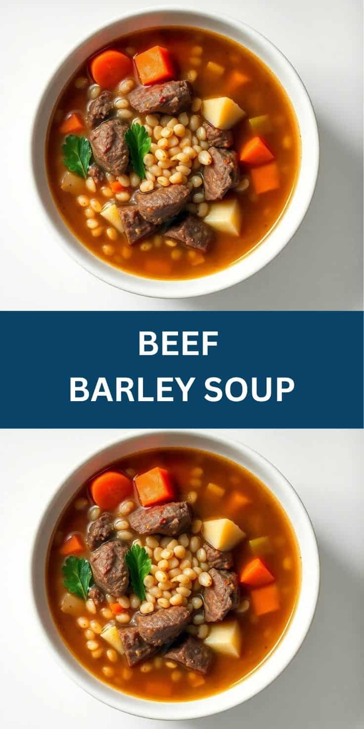 Two bowls of beef barley soup with tender meat, pearl barley, potatoes, carrots, and parsley garnish.