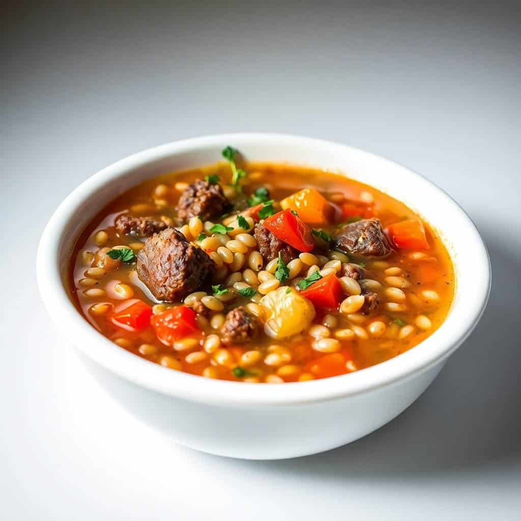 Beef barley soup in white bowl with meat, barley, vegetables, orange broth, and parsley garnish.