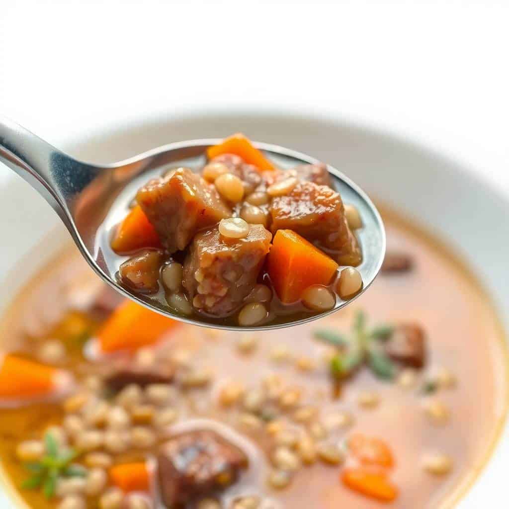 Beef barley soup with tender meat, pearl barley, diced carrots in creamy broth, garnished with parsley.