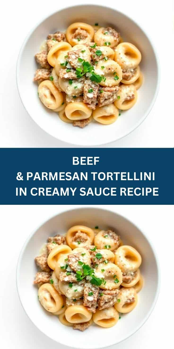 Beef and parmesan tortellini in creamy sauce garnished with fresh parsley on white plate.