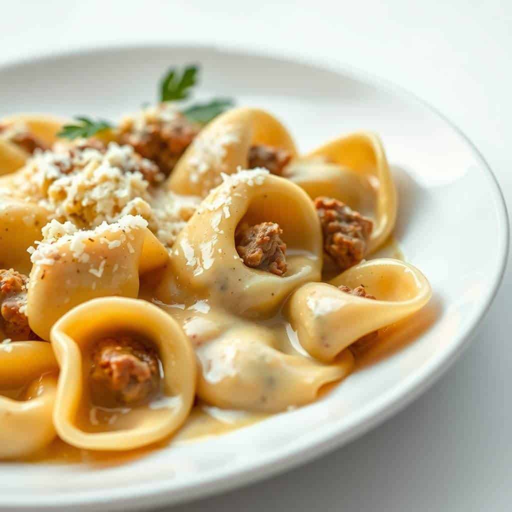 Beef and Parmesan tortellini in creamy sauce garnished with grated cheese and fresh herbs on white plate.