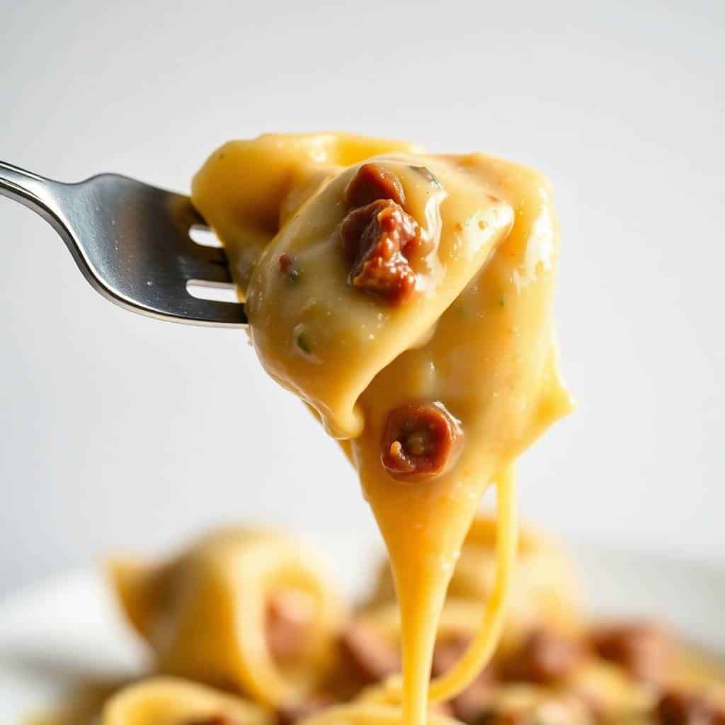 Beef and Parmesan tortellini on fork with creamy sauce and red pepper garnish.