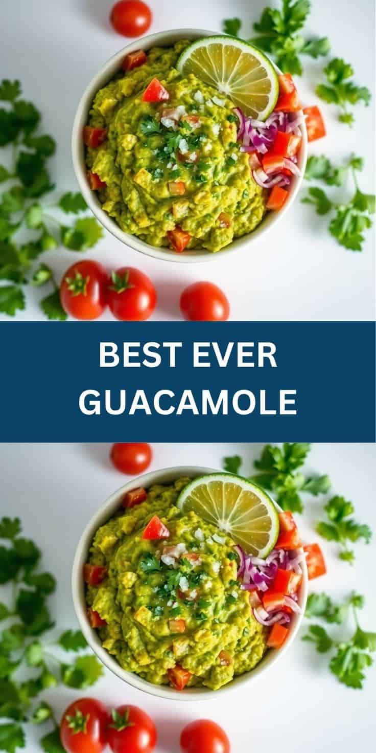 Creamy guacamole garnished with lime slice, cilantro, tomatoes, and red onion in white bowl.