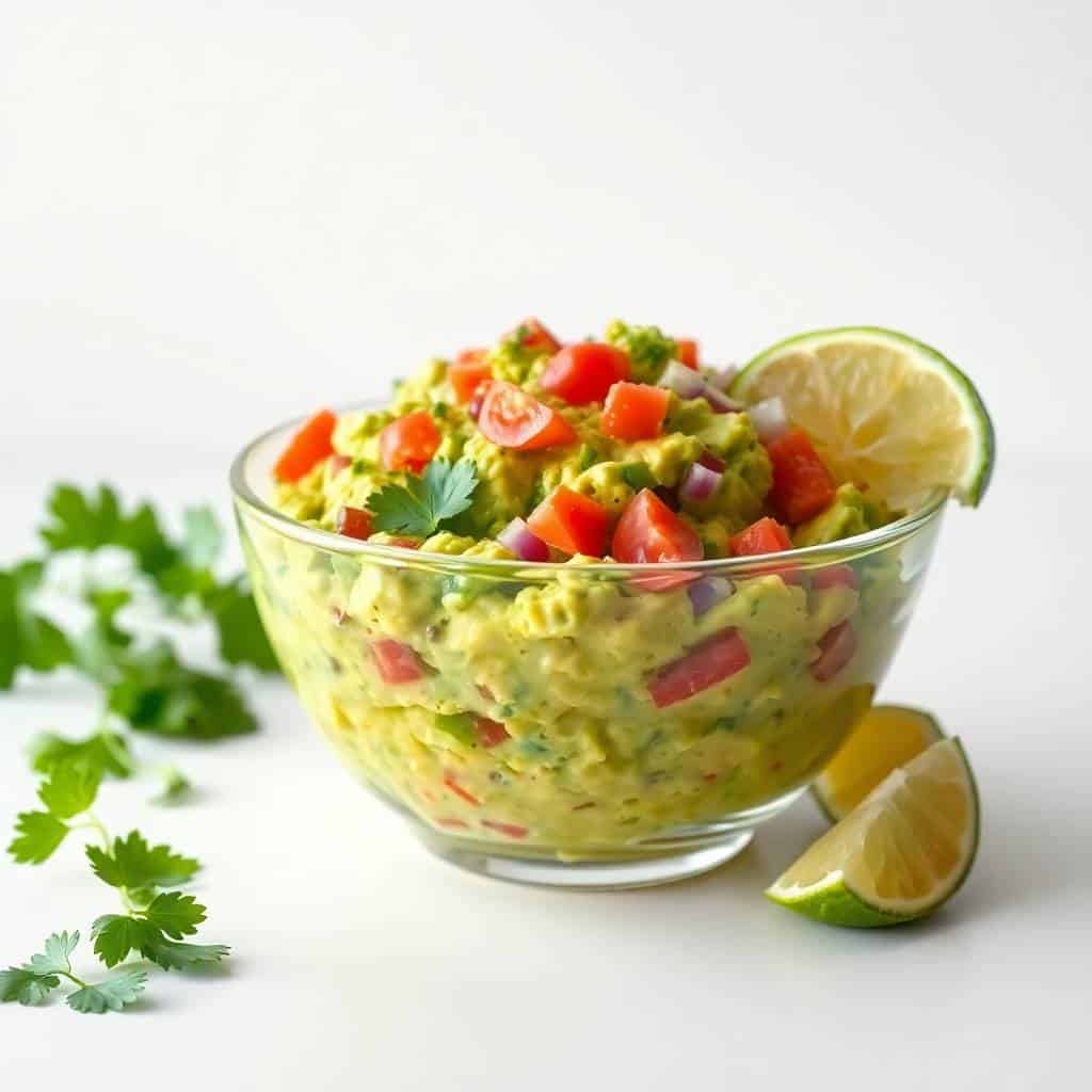 Fresh guacamole in glass bowl garnished with cilantro, red peppers, and lime wedges.