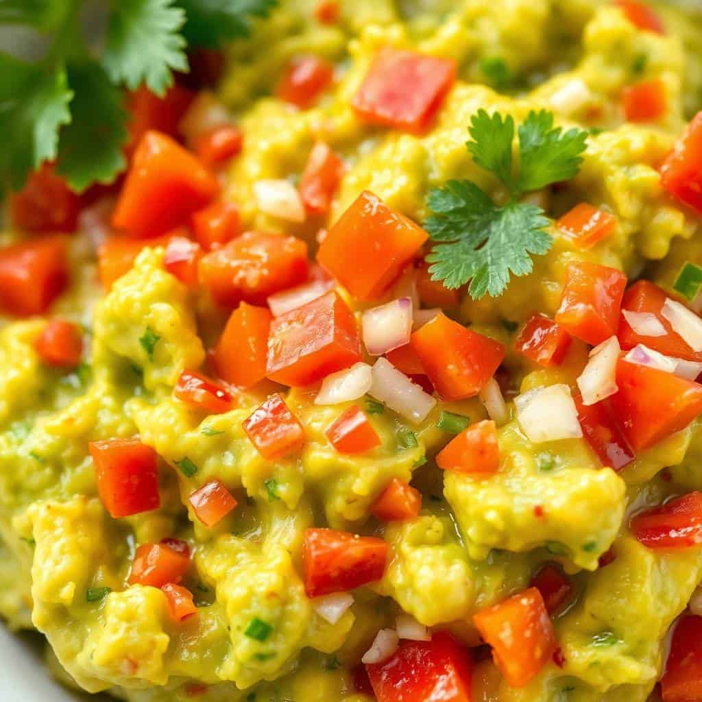 Guacamole topped with diced red peppers, onions, and fresh cilantro garnish on white plate.