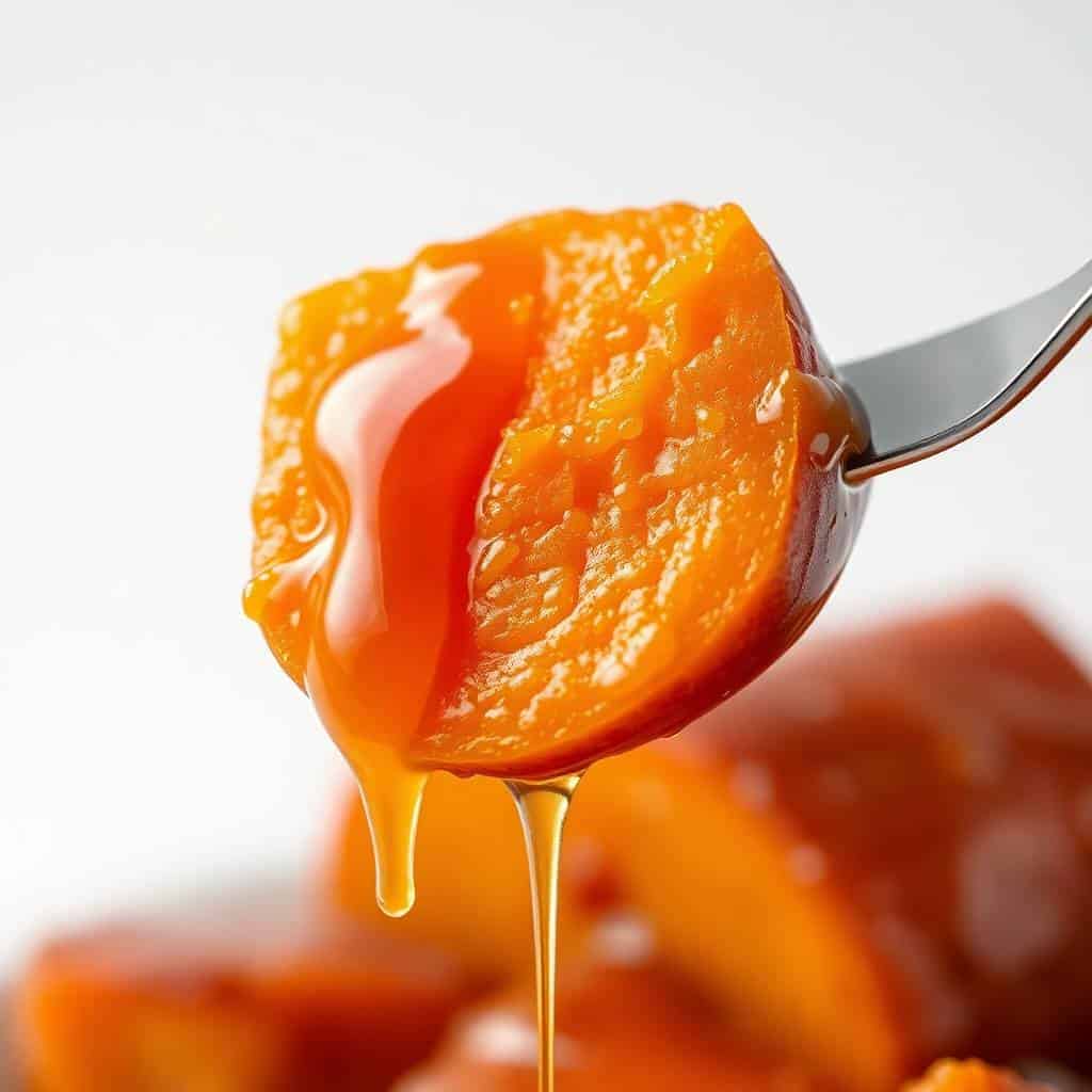 Candied yam held on fork with glossy caramelized coating and syrup dripping down.