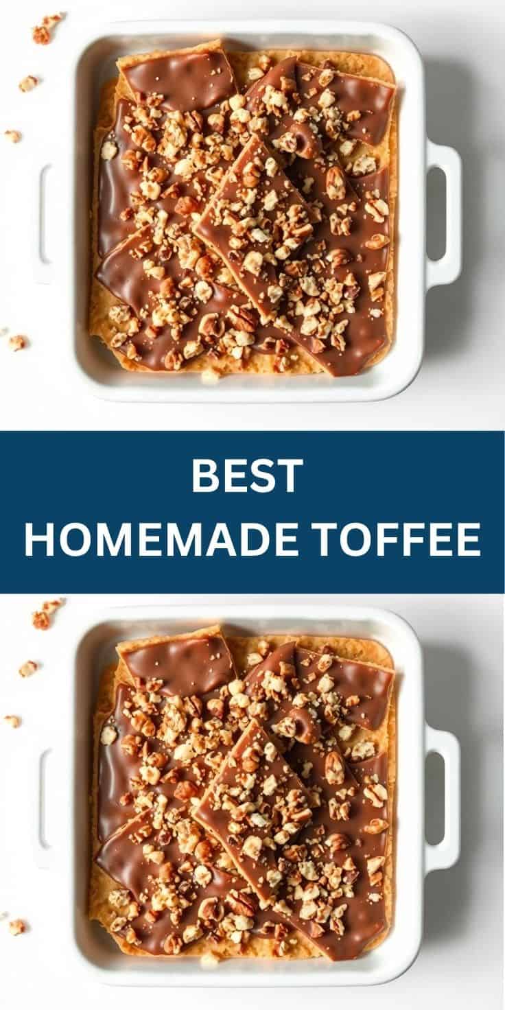Homemade toffee in white baking dish topped with chocolate and crushed nuts.