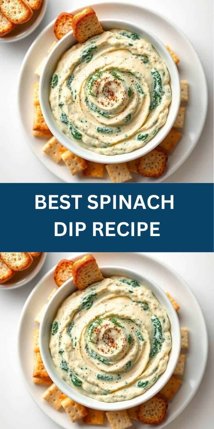 Creamy spinach dip swirled in white bowl with toasted bread slices and paprika garnish.