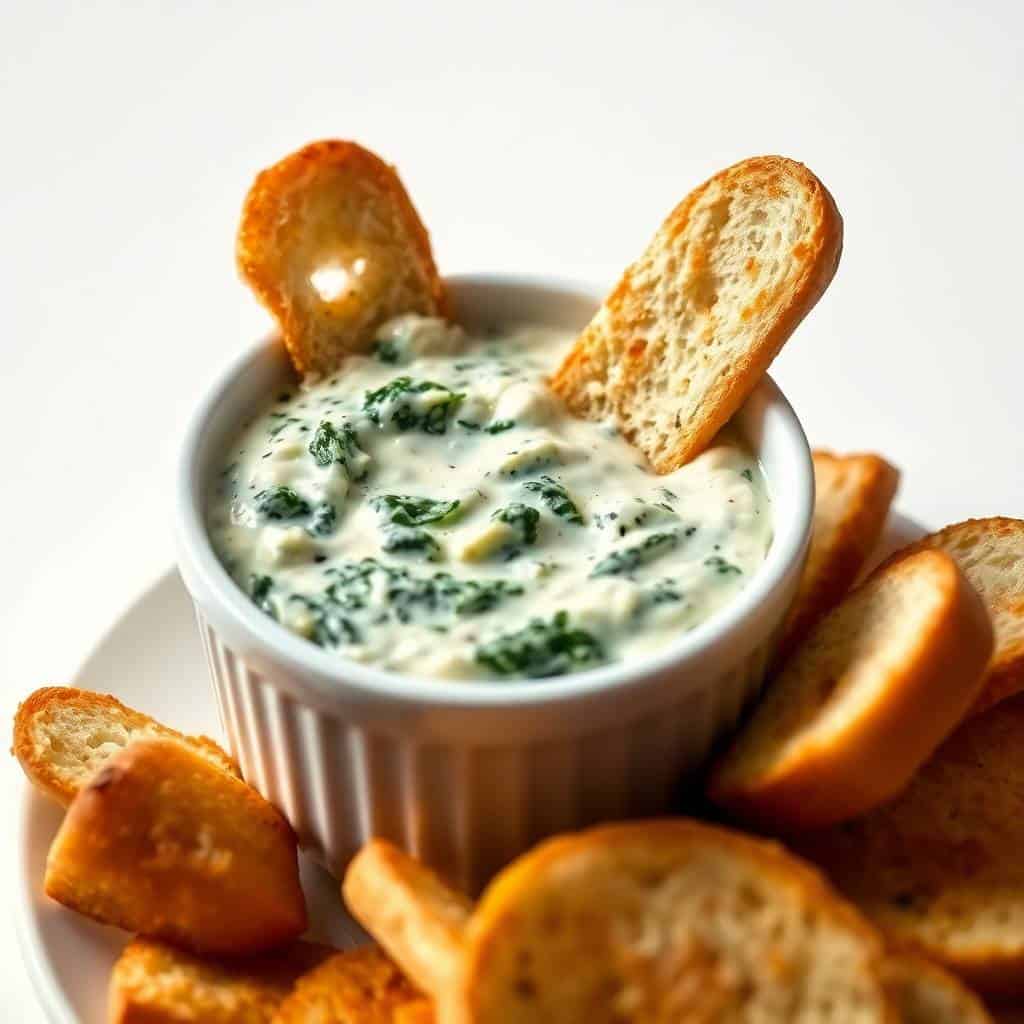 Creamy spinach dip with fresh herbs in white ramekin surrounded by toasted bread slices.