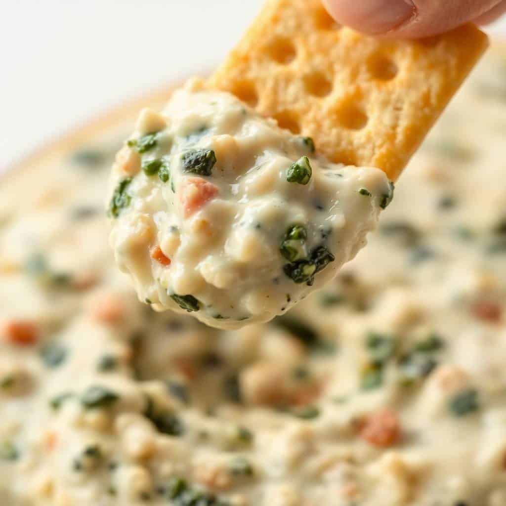 Spinach dip with capers on a cracker, creamy white base with green herbs and red pepper flecks.