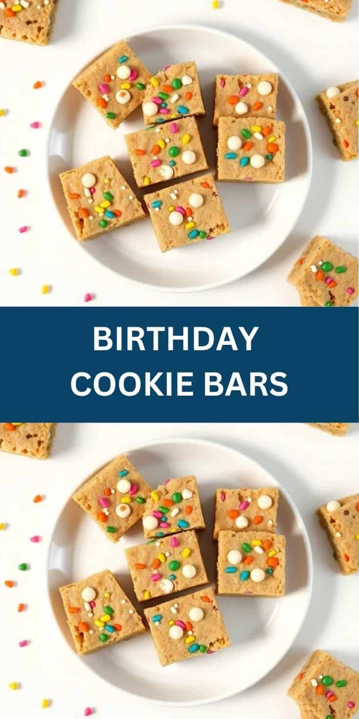 Birthday cookie bars topped with colorful sprinkles and pearl candies arranged on white plates.