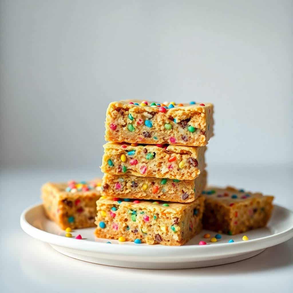 Stacked birthday cookie bars with colorful sprinkles on a white plate against a light background.