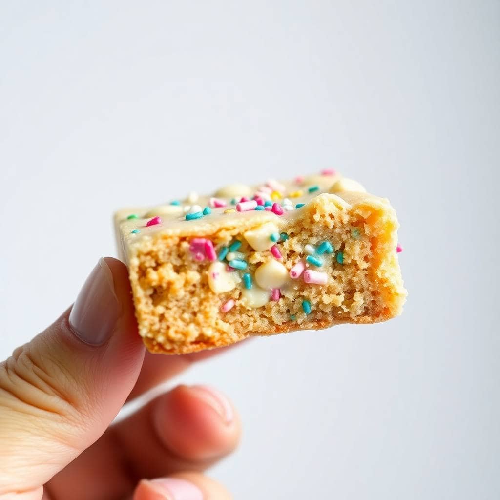 A hand holding a thick golden cookie bar topped with cream frosting and colorful sprinkles against a white background.